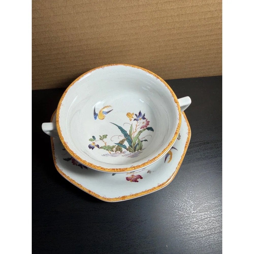 Wedgwood Devon Rose Chinoiserie Cream Soup Bowl and Saucer Floral Bird England